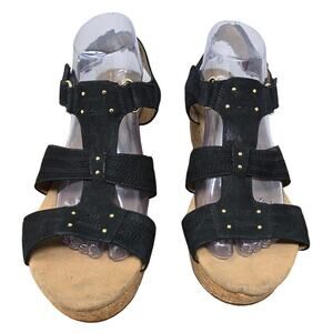 Clarks Black Suede 3.5" Heels Strappy Wedge Sandals Women's 11